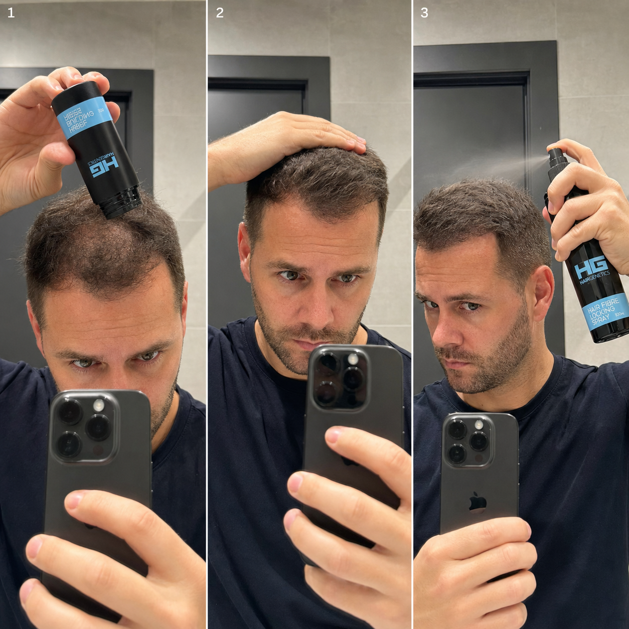 Three steps: apply hair fibres, pat and blend, lock in with spray