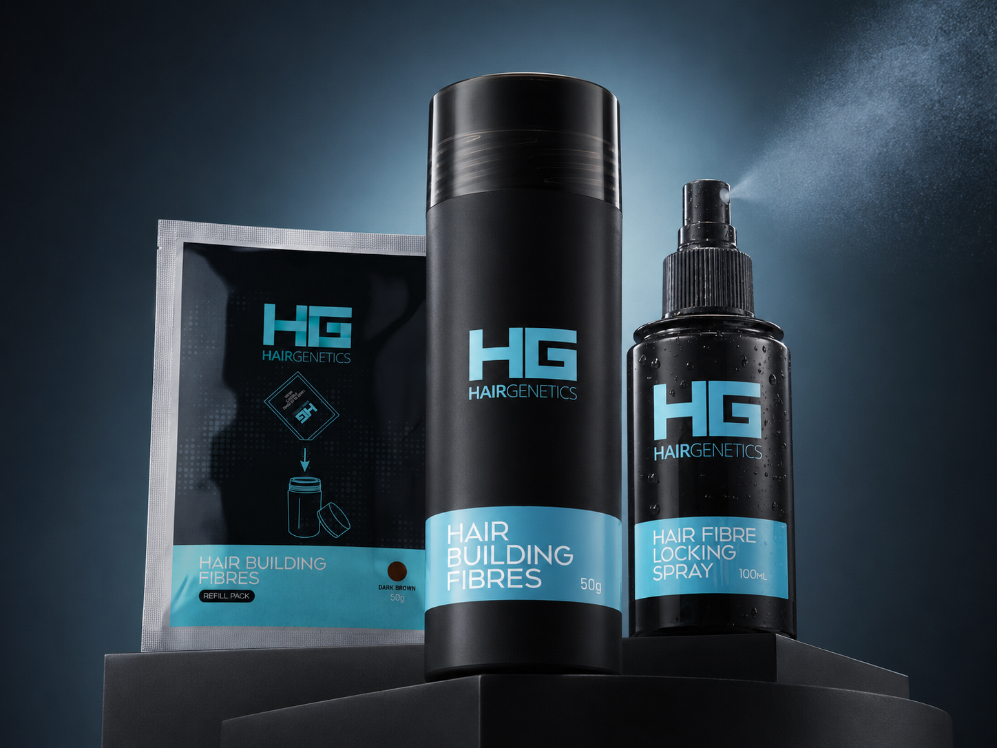 Hair Genetics bottle, refill pack and locking spray